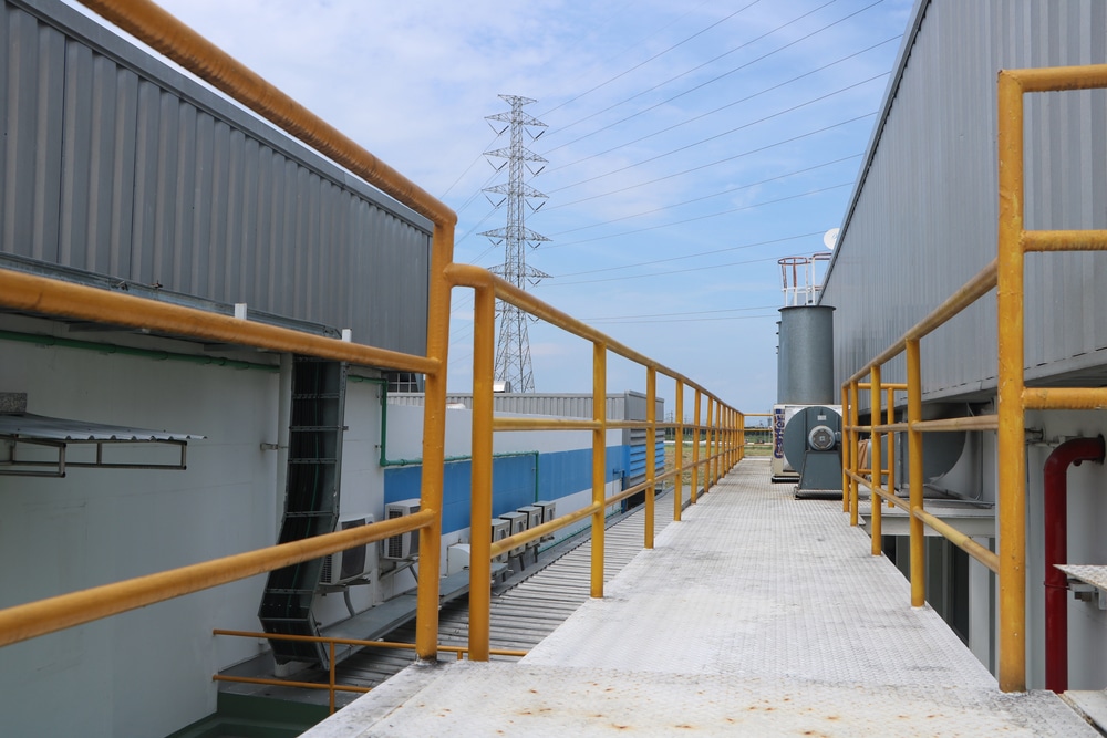 Guardrail walkway on the rooftop of an industrial plant